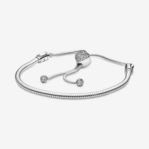Pandora Moments Pavé Heart Clasp Snake Slider Charm Holders Silber | 5209374-AM