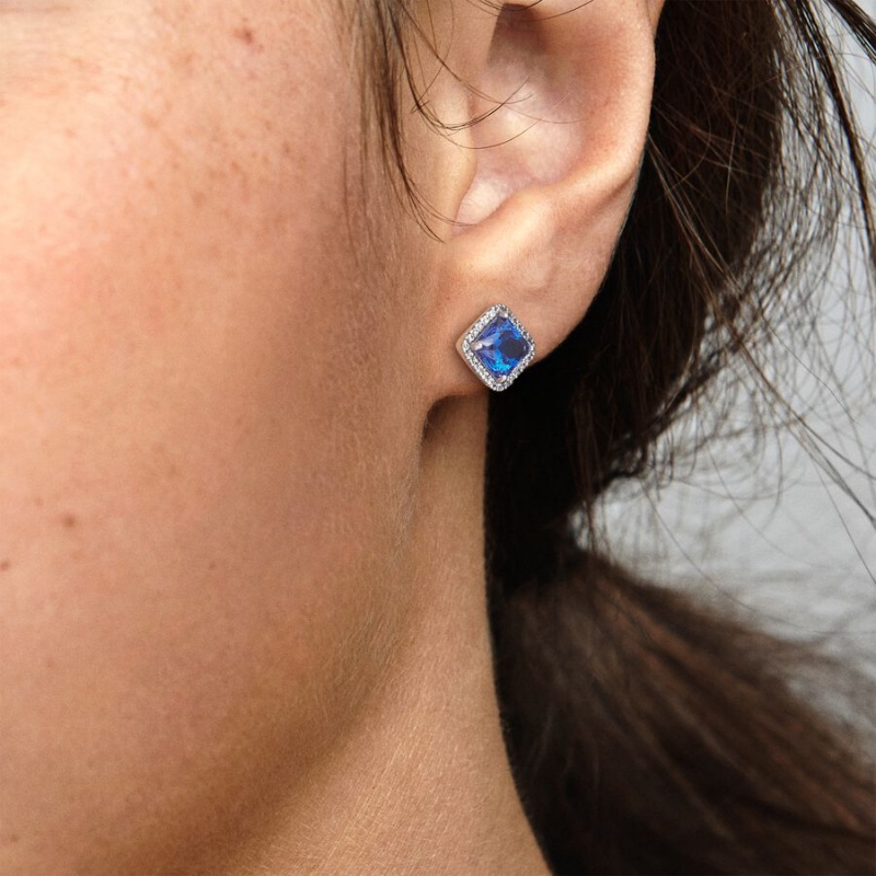 Pandora Blue Square Sparkle Halos Ohrstecker Silber | 8536019-WZ