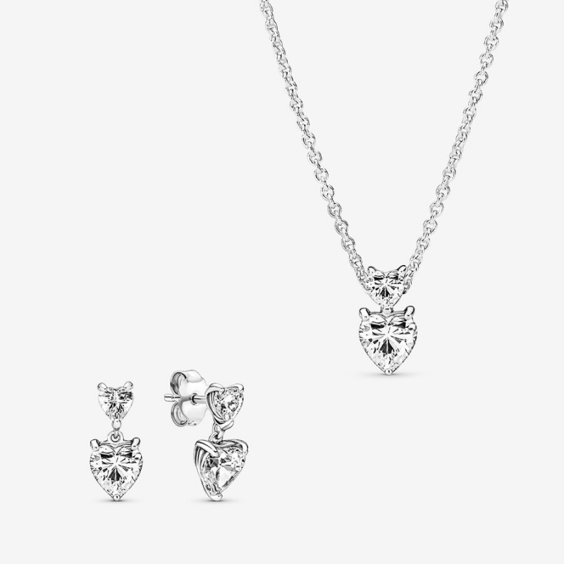 Pandora Double Heart Pendant Sparkling Collier Necklace Kette mit Anhänger Silber | 4285916-RN