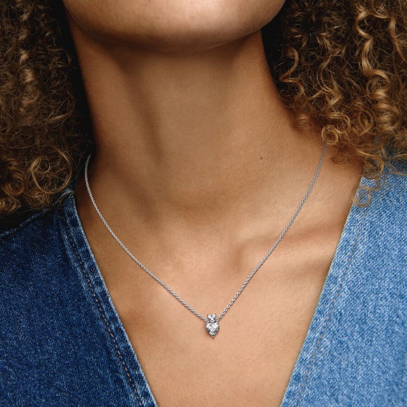 Pandora Double Heart Sparkling Collier Kette mit Anhänger Silber | 8735104-RH