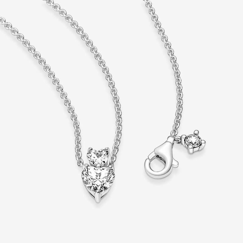 Pandora Double Heart Sparkling Collier Kette mit Anhänger Silber | 8735104-RH