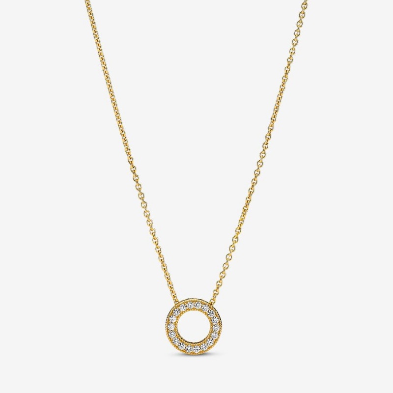 Pandora Logo Pavé Circle Collier Kette mit Anhänger Gold | ZCV-715893