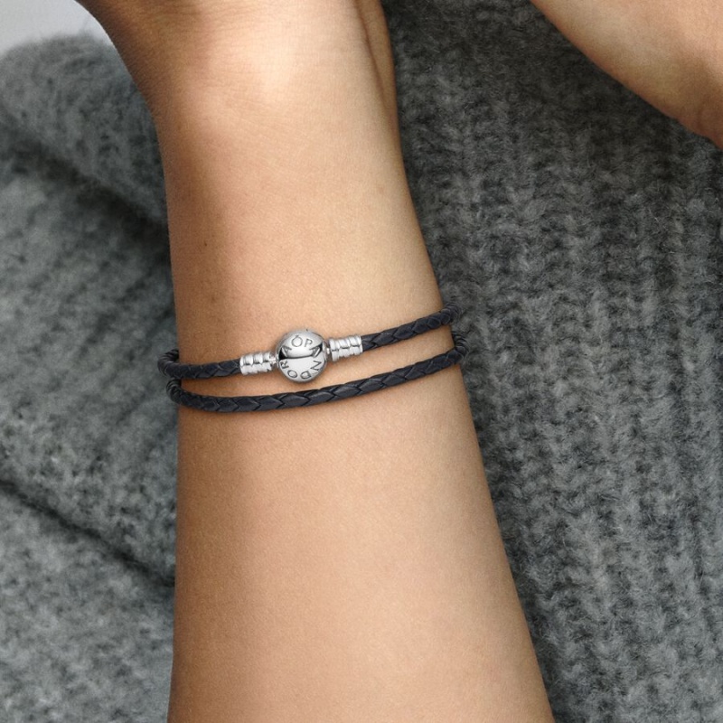 Pandora Moments Double Black Leder Charm Silber | 7894503-TI