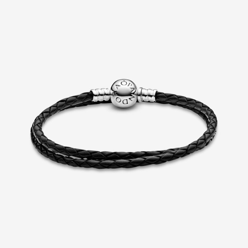Pandora Moments Double Black Leder Charm Silber | 7894503-TI