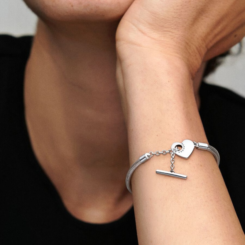 Pandora Moments Heart T-Bar Snake Charm Holders Silber | 4189637-UP