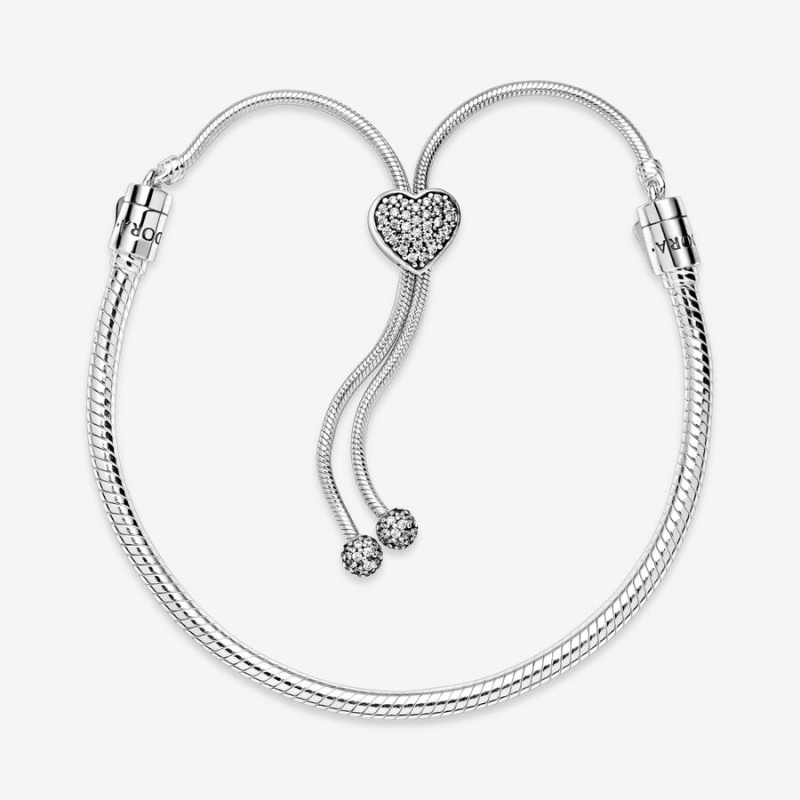 Pandora Moments Pavé Heart Clasp Snake Slider Charm Holders Silber | 5209374-AM
