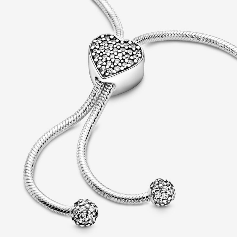 Pandora Moments Pavé Heart Clasp Snake Slider Charm Holders Silber | 5209374-AM