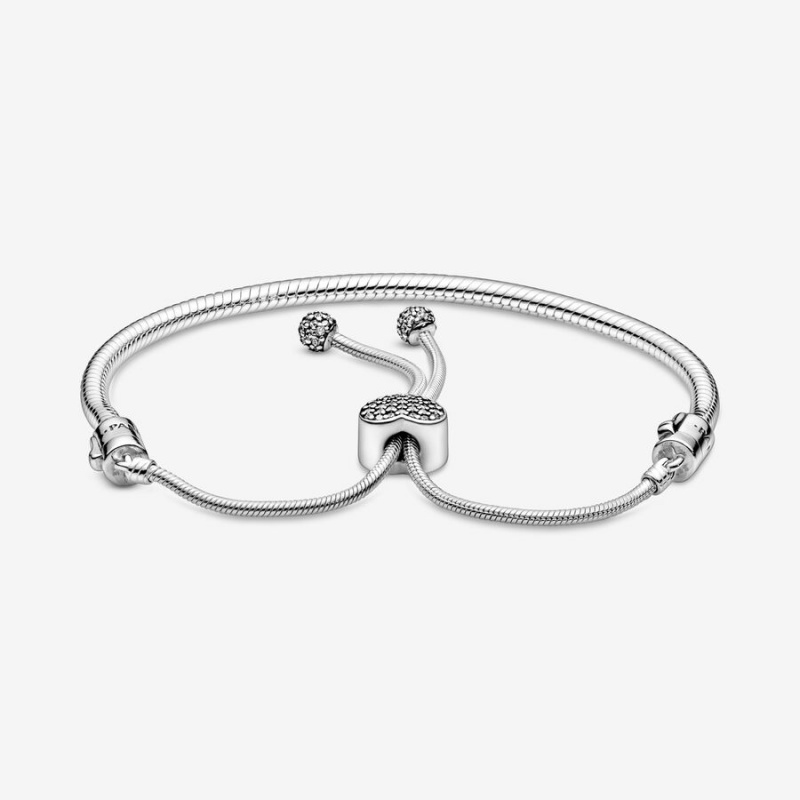 Pandora Moments Pavé Heart Clasp Snake Slider Charm Holders Silber | 5209374-AM