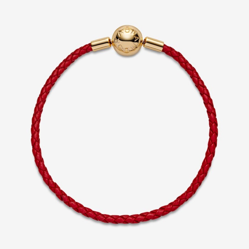 Pandora Moments Red Woven Leder Charm Gold | 4768250-BC
