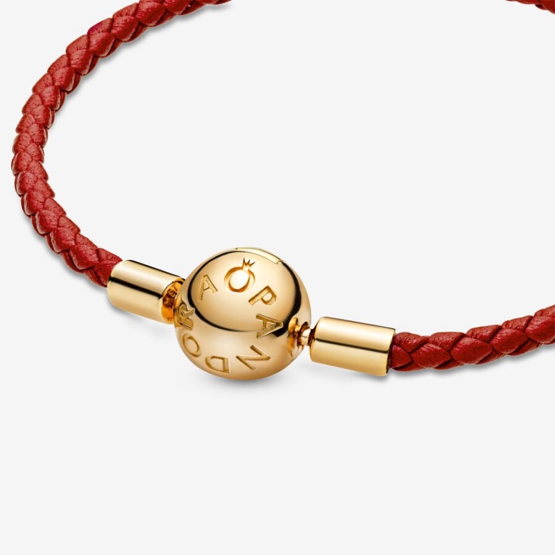 Pandora Moments Red Woven Leder Charm Gold | 4768250-BC
