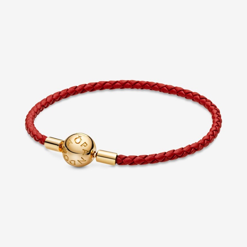 Pandora Moments Red Woven Leder Charm Gold | 4768250-BC
