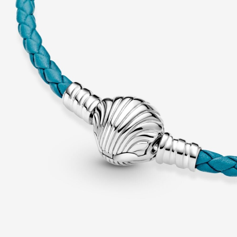 Pandora Moments Seashell Clasp Turquoise Braided Leder Charm Holders Silber | 7214563-JW