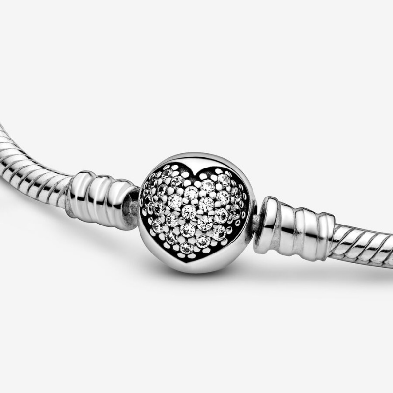Pandora Moments Sparkling Heart Clasp Snake Charm Holders Silber | 8462709-HO
