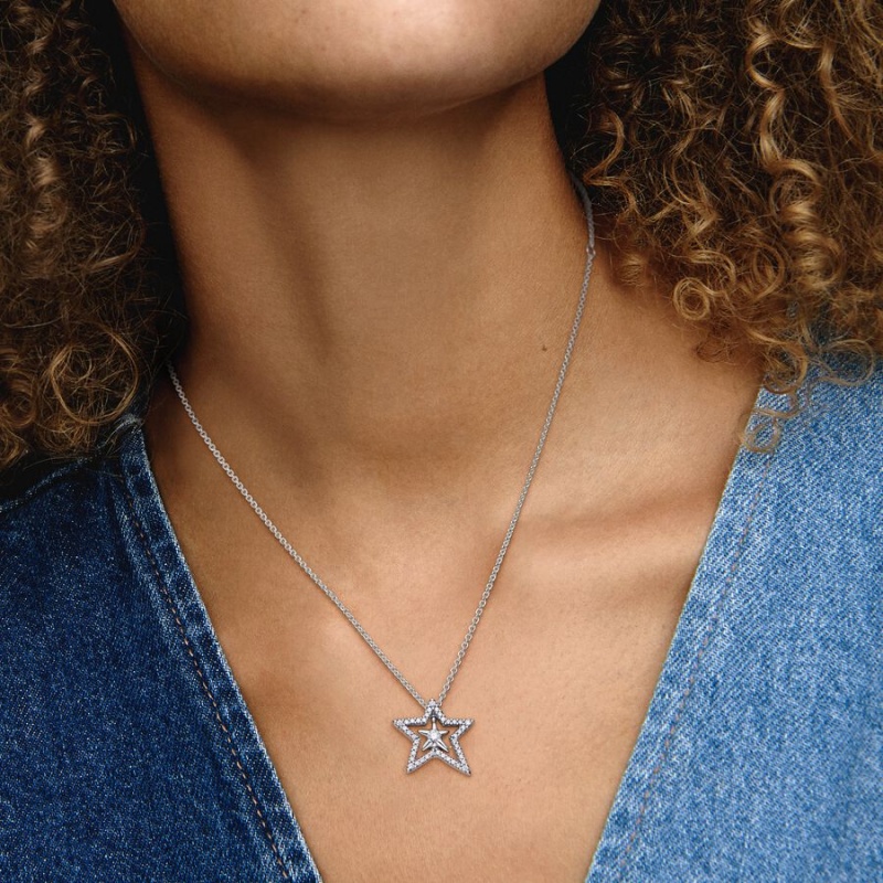 Pandora Pavé Asymmetric Star Collier Kette mit Anhänger Silber | SWO-029431
