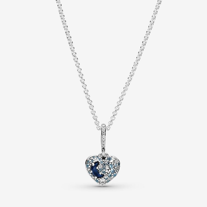 Pandora Sparkling Blue Moon & Stars Heart Kette mit Anhänger Silber | 5198674-MP