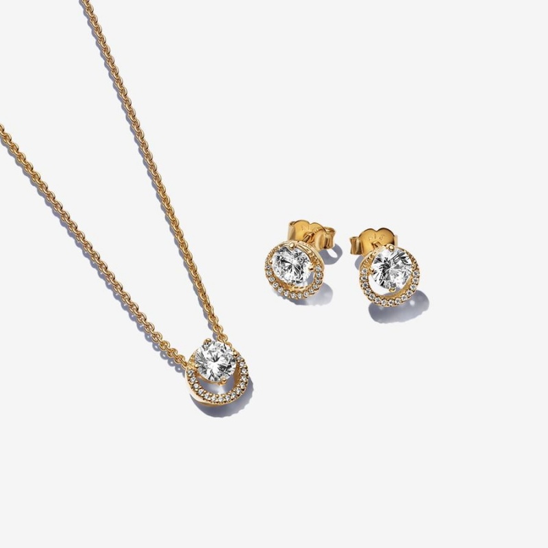 Pandora Sparkling Round Halo Jewelry Gift Set Halsketten- Und Ohrring-sets Gold | DWL-756230
