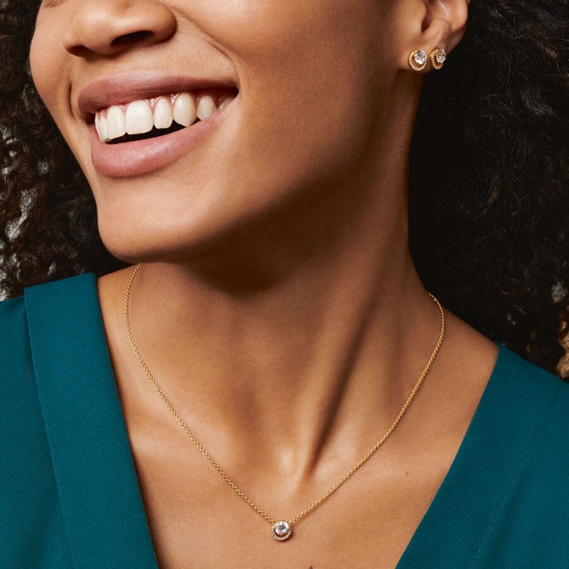 Pandora Sparkling Round Halo Jewelry Gift Set Halsketten- Und Ohrring-sets Gold | DWL-756230