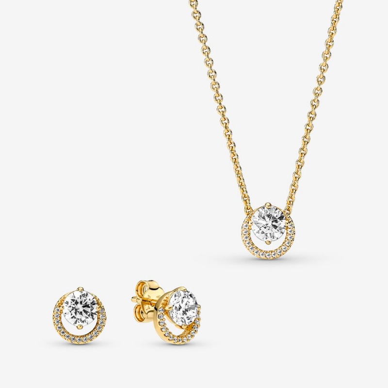 Pandora Sparkling Round Halo Jewelry Gift Set Halsketten- Und Ohrring-sets Gold | DWL-756230